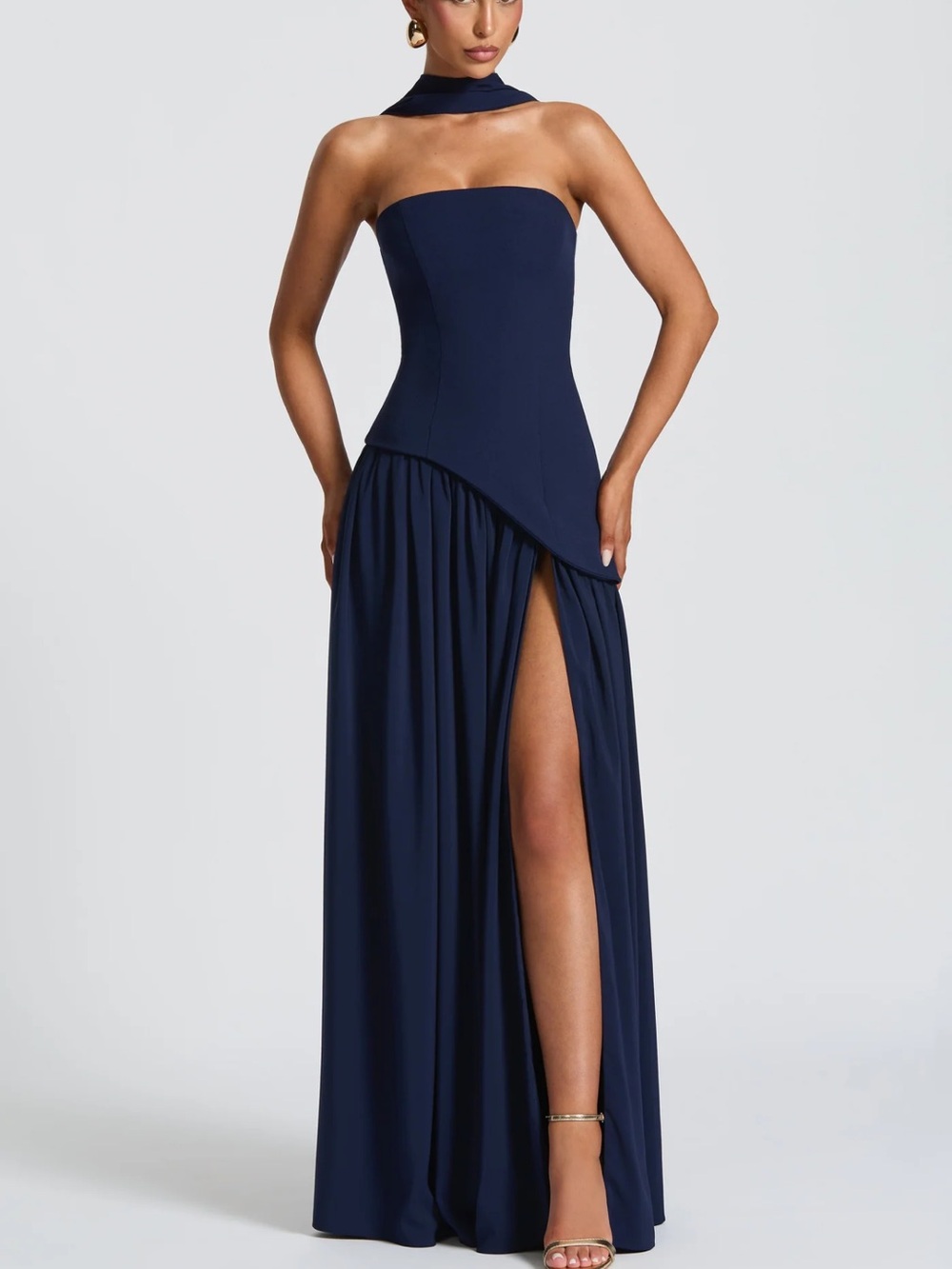 Navy Strapless Prom Gown with Leg Slit